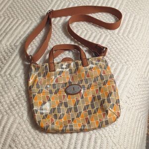 Fossil Key.Per Waxed Canvas Crossbody Bag Geometric Print Adjustable Strap
